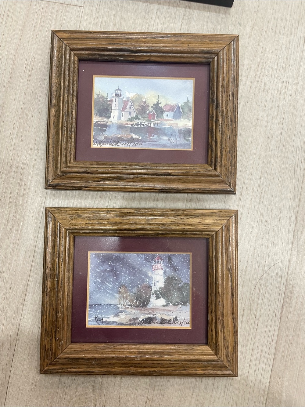 Set of 2 Framed Lighthouse Watercolor Prints - Brown Frame, Burgundy Mat